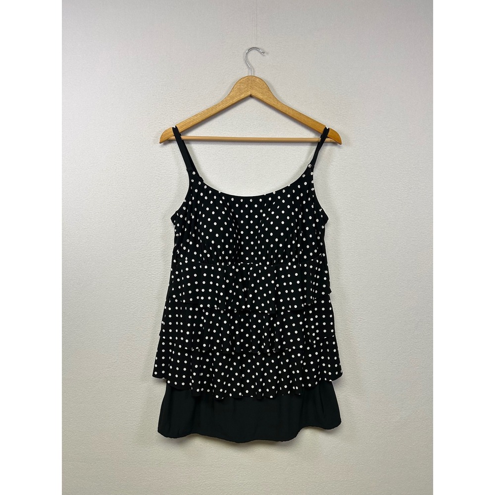 Retro Pinup Great Lengths Womens 16 Black Polka Dot Tiered Ruffle Swim Dress